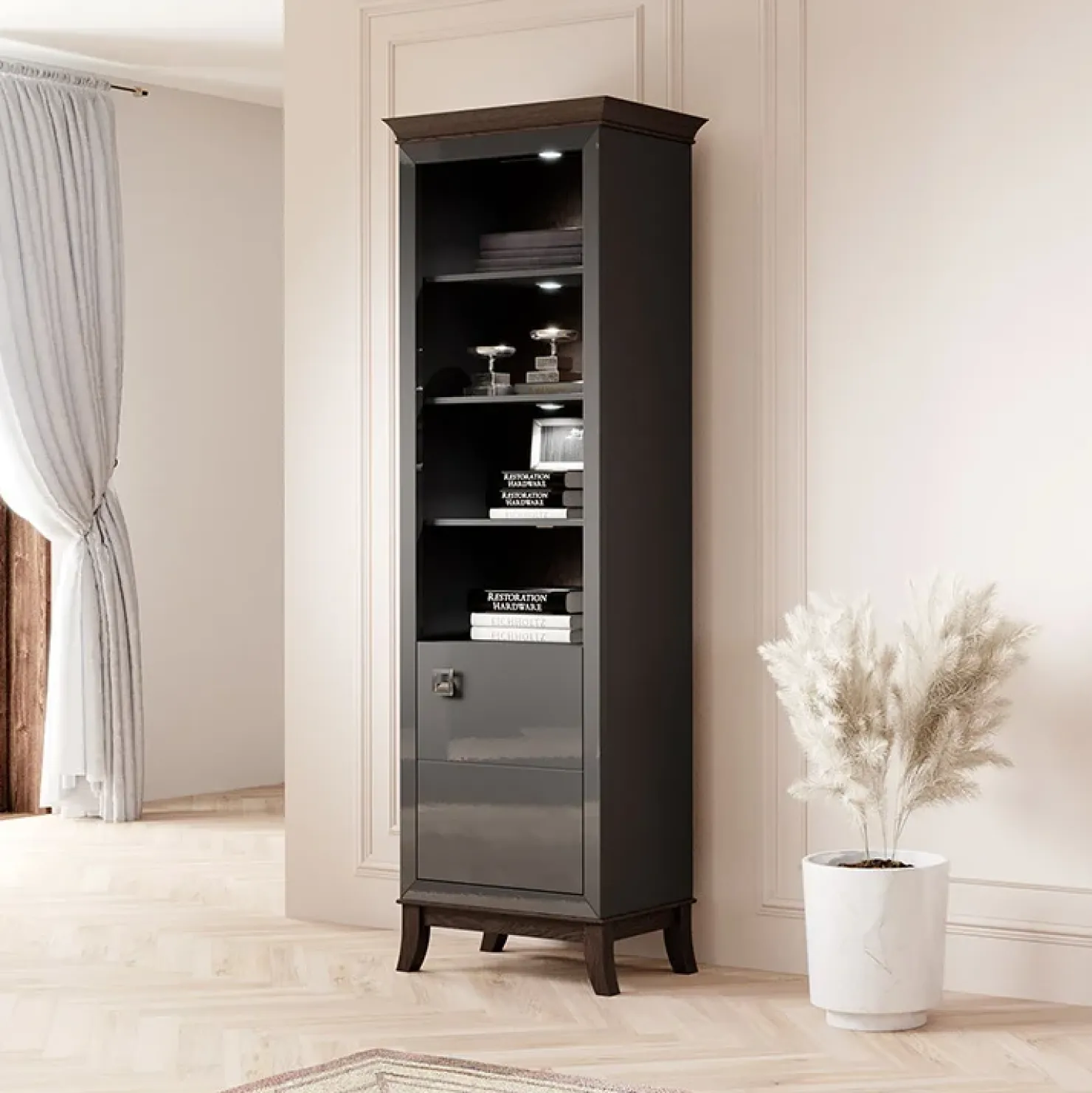 Garnero Arredamenti Libreria 66x207h cm 4 ripiani moderna antracite lucido rovere scuro Umag Antracite - Wengè Hot