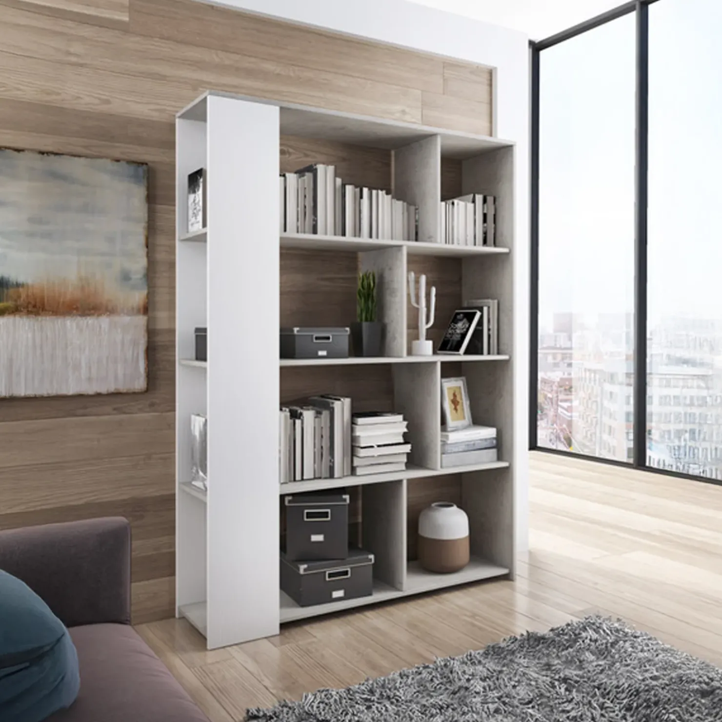 Garnero Arredamenti Libreria 129x174h cm design bianco frassinato cemento Coleman