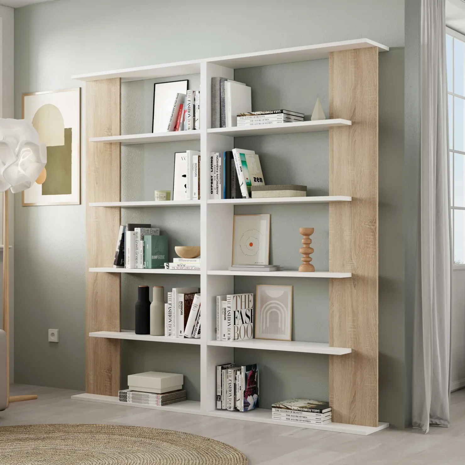 Garnero Arredamenti Libreria 180x180h cm moderna bianco opaco e rovere natura Aline 2 Bianco Opaco - Rovere Discount