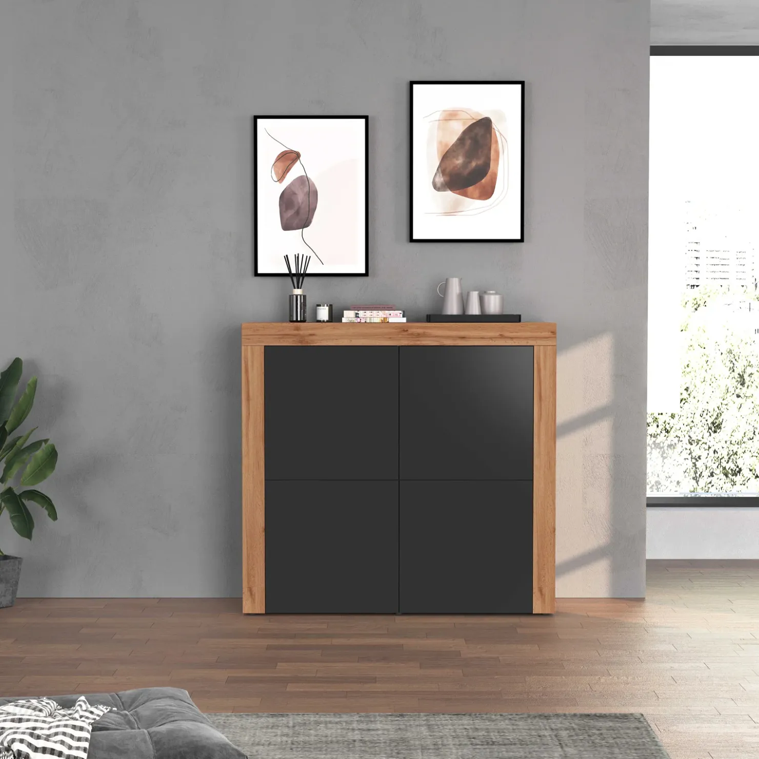 Garnero Arredamenti Madia alta moderna 140x130h cm antracite rovere Block Antracite - Rovere Clearance