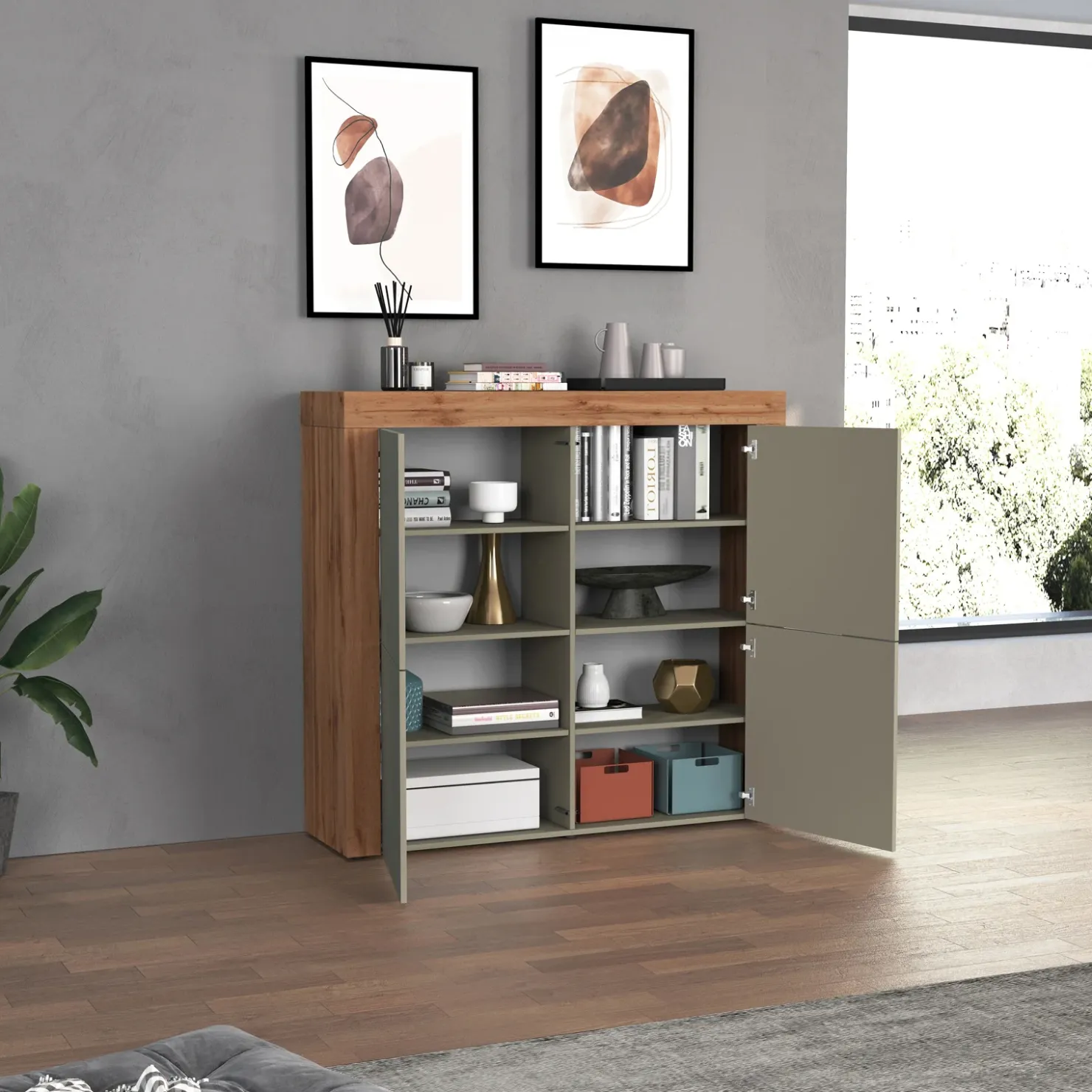 Garnero Arredamenti Madia alta moderna 140x130h cm tortora rovere Block Tortora - Rovere Sale