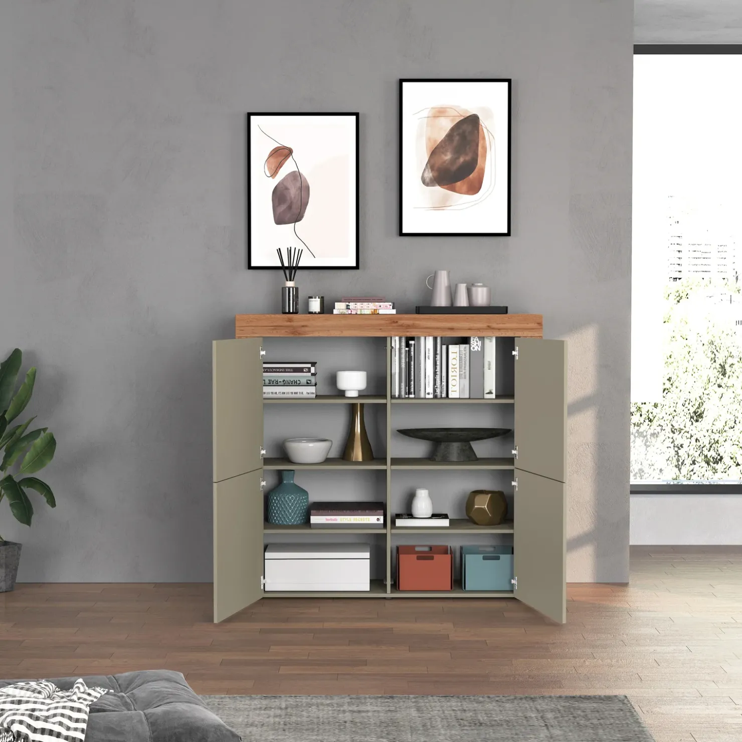 Garnero Arredamenti Madia alta moderna 140x130h cm tortora rovere Block Tortora - Rovere Sale