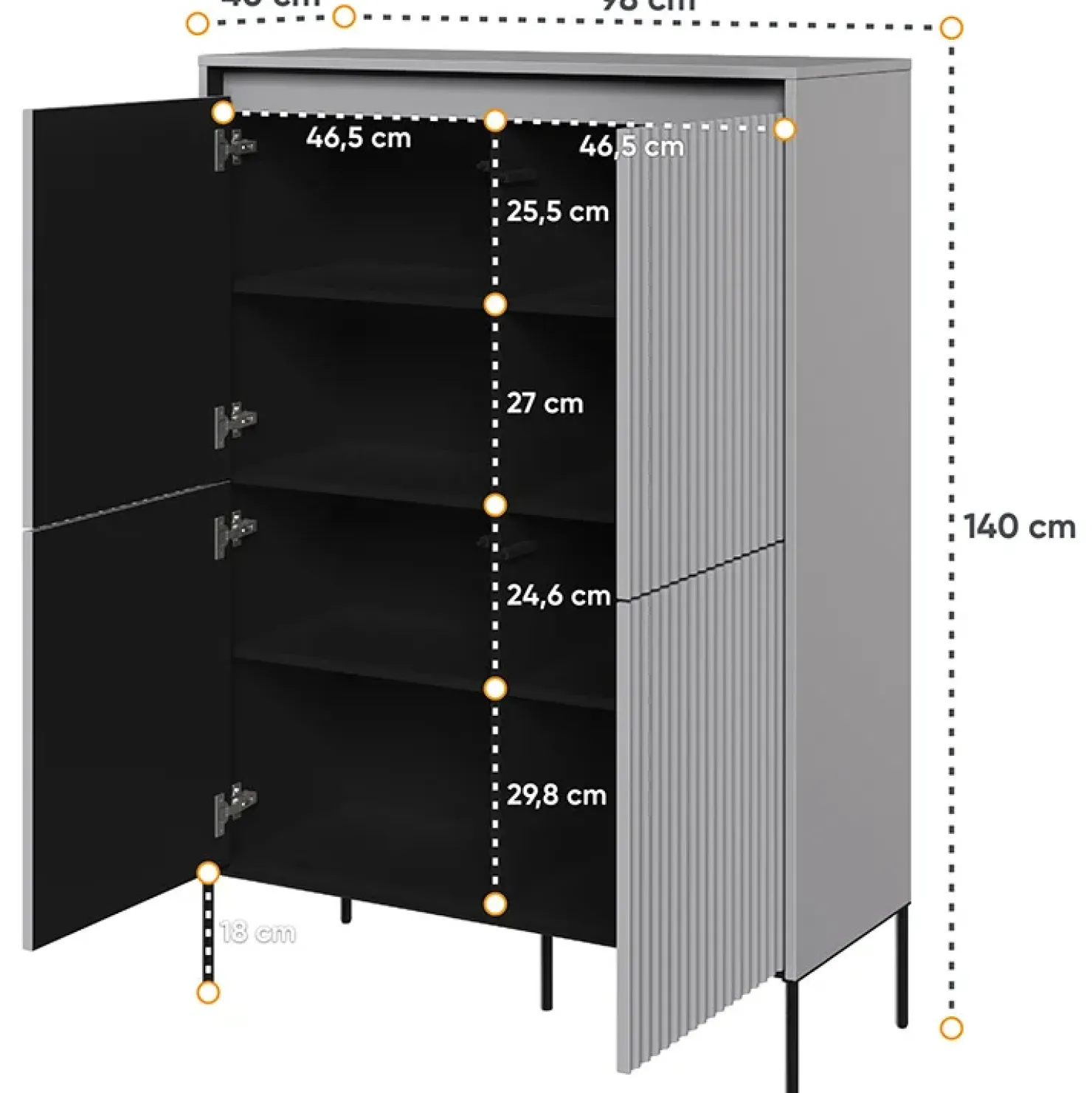 Garnero Arredamenti Madia alta 98x140h cm 4 ante con led cannettato nero Camelia Grigio Clearance