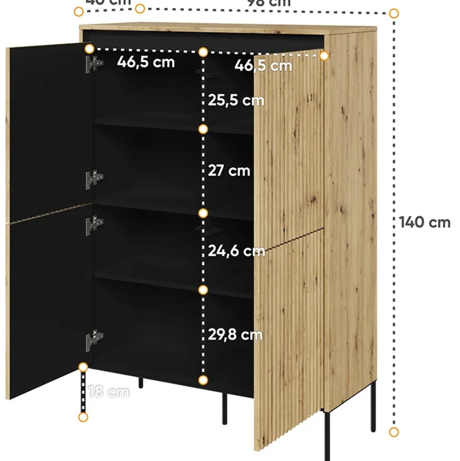Garnero Arredamenti Madia alta 98x140h cm 4 ante con led cannettato nero Camelia Rovere Rustico Online