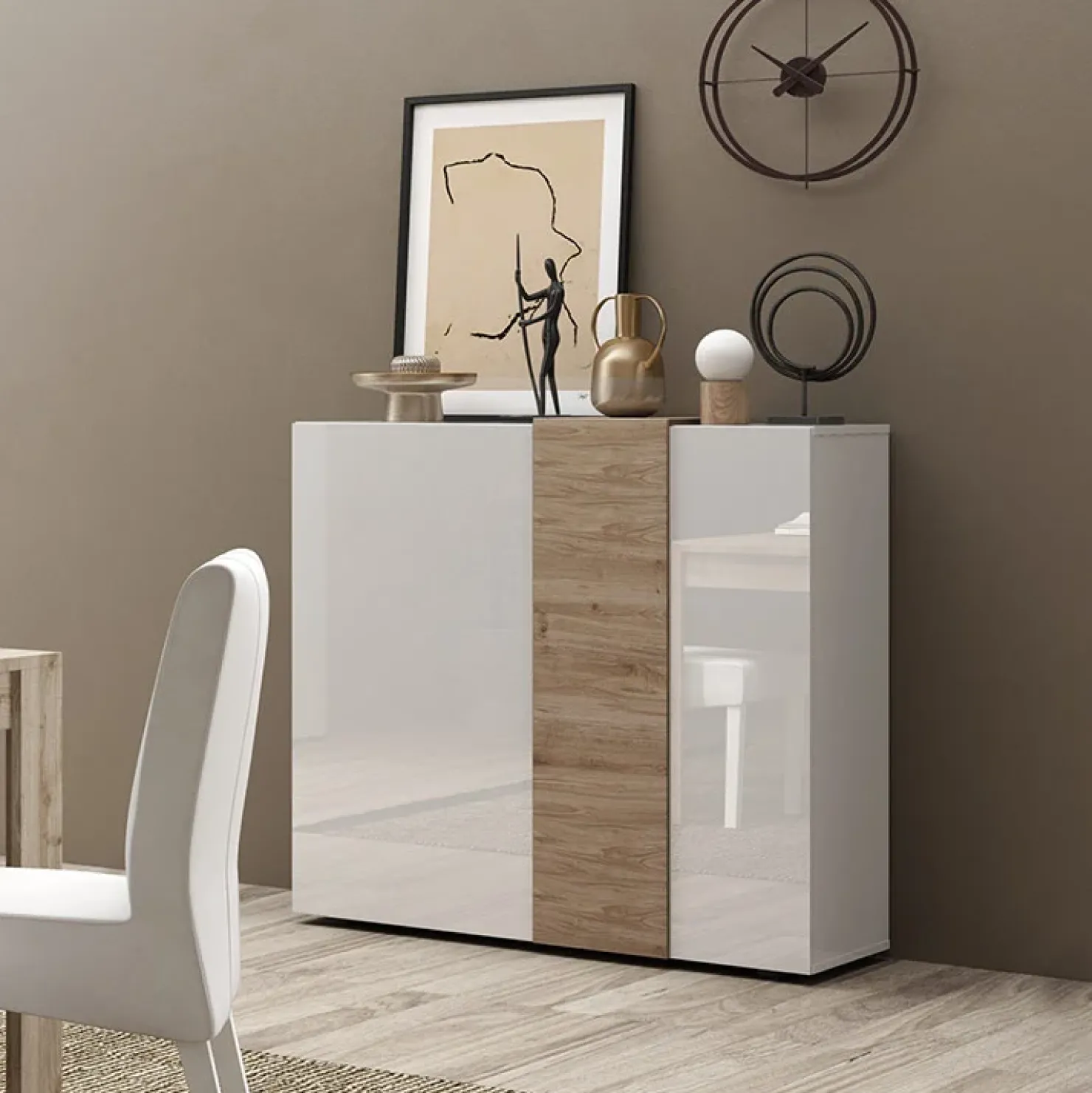 Garnero Arredamenti Madia alta 121x113h cm 2 ante moderna bianco lucido rovere Universal Bianco Lucido - Rovere Discount