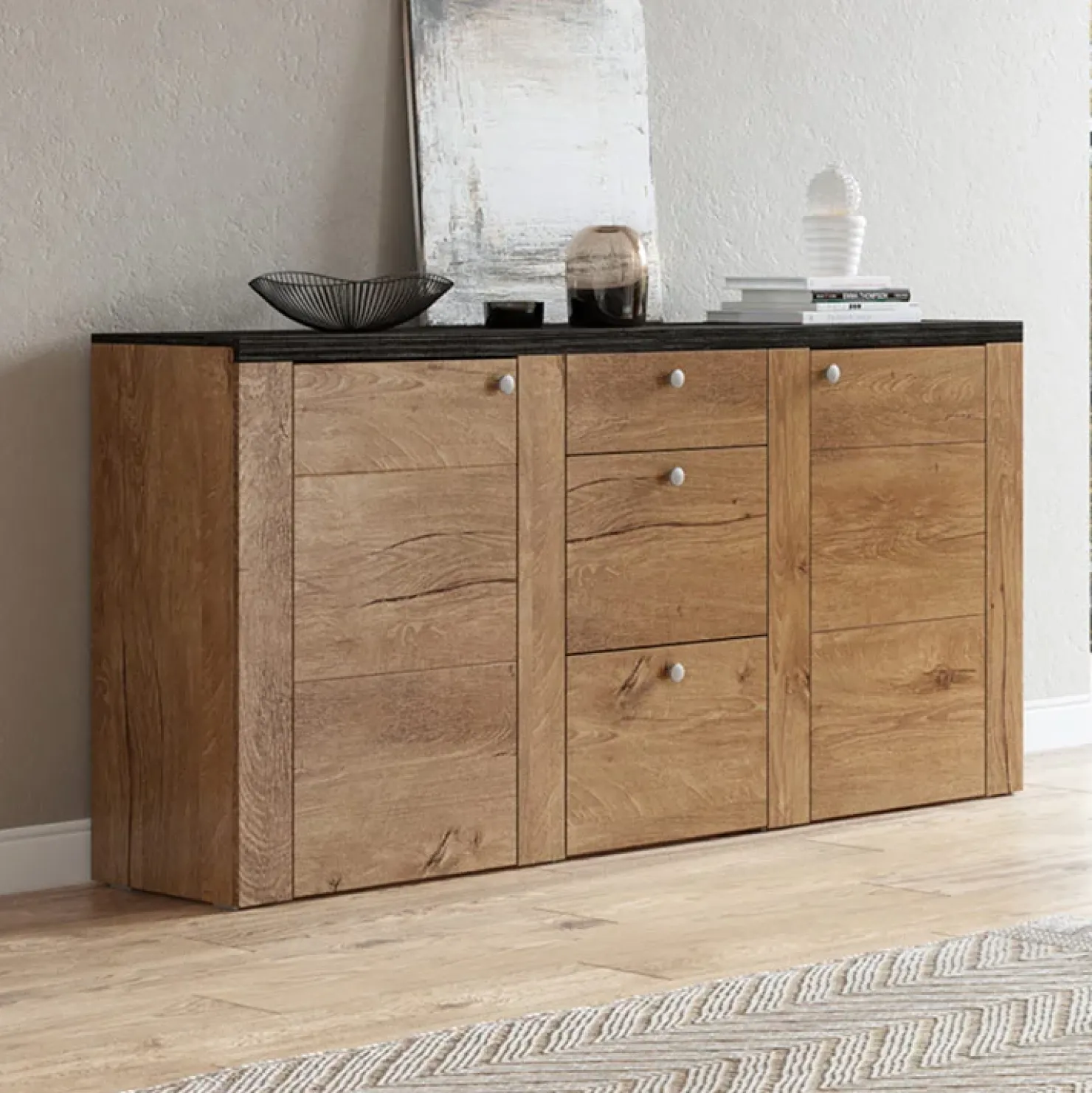 Garnero Arredamenti Madia con cassetti 176x85h cm 2 ante quercia rovere grigio Paloma 2 Rovere - Antracite New