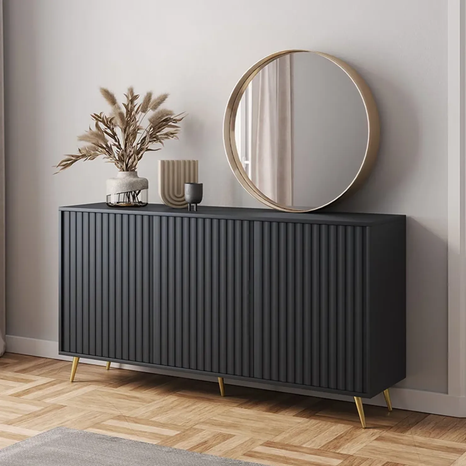 Garnero Arredamenti Madia moderna 154x78h cm 3 ante nero cannettato Celestia Nero Opaco New