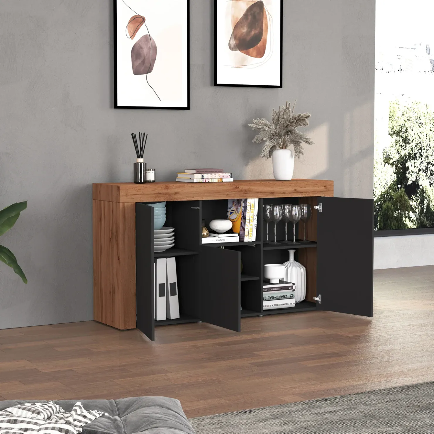 Garnero Arredamenti Madia moderna 155x85h cm antracite rovere Block Antracite - Rovere Hot