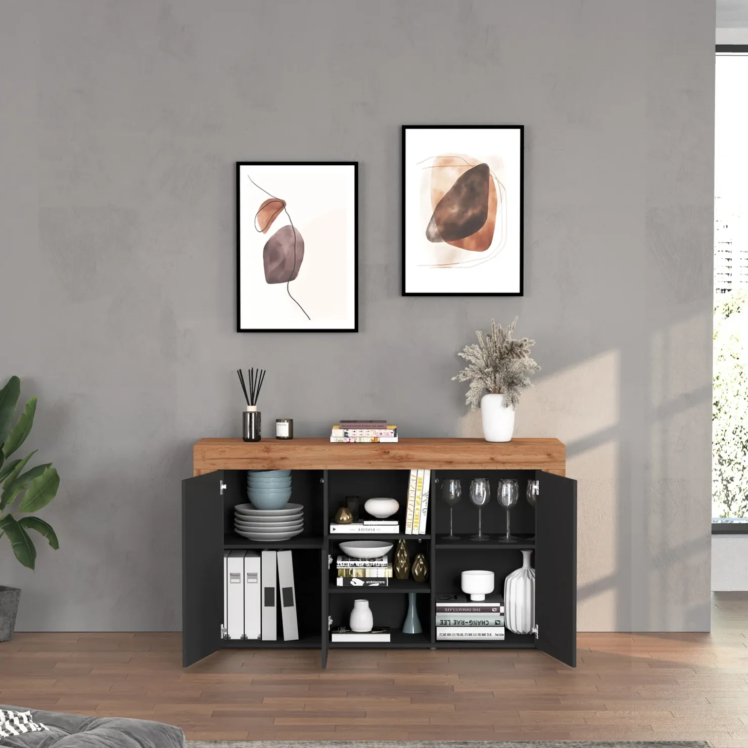 Garnero Arredamenti Madia moderna 155x85h cm antracite rovere Block Antracite - Rovere Hot