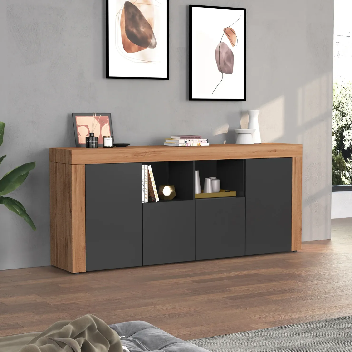 Garnero Arredamenti Madia moderna 200x85h cm antracite rovere Block Antracite - Rovere New