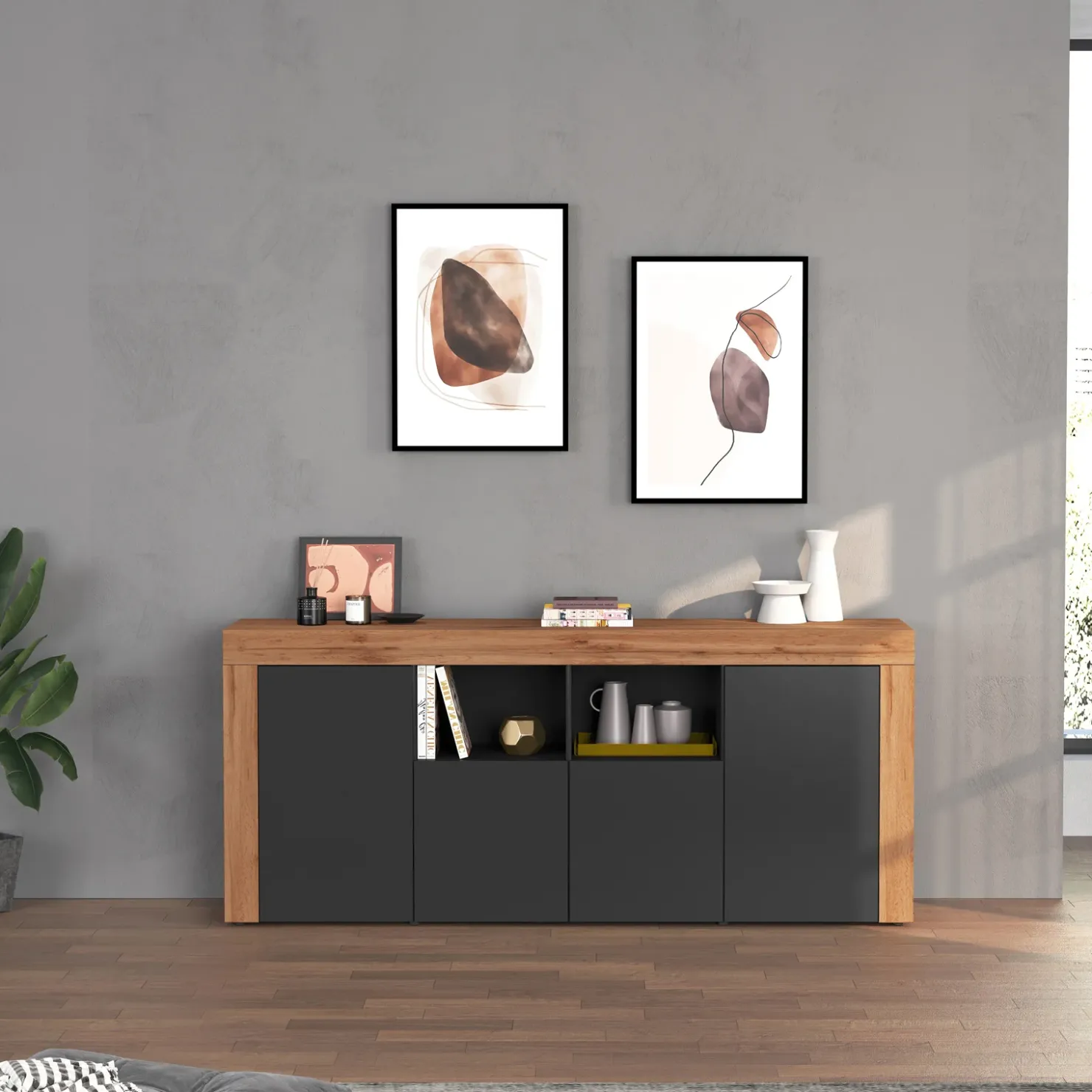 Garnero Arredamenti Madia moderna 200x85h cm antracite rovere Block Antracite - Rovere New