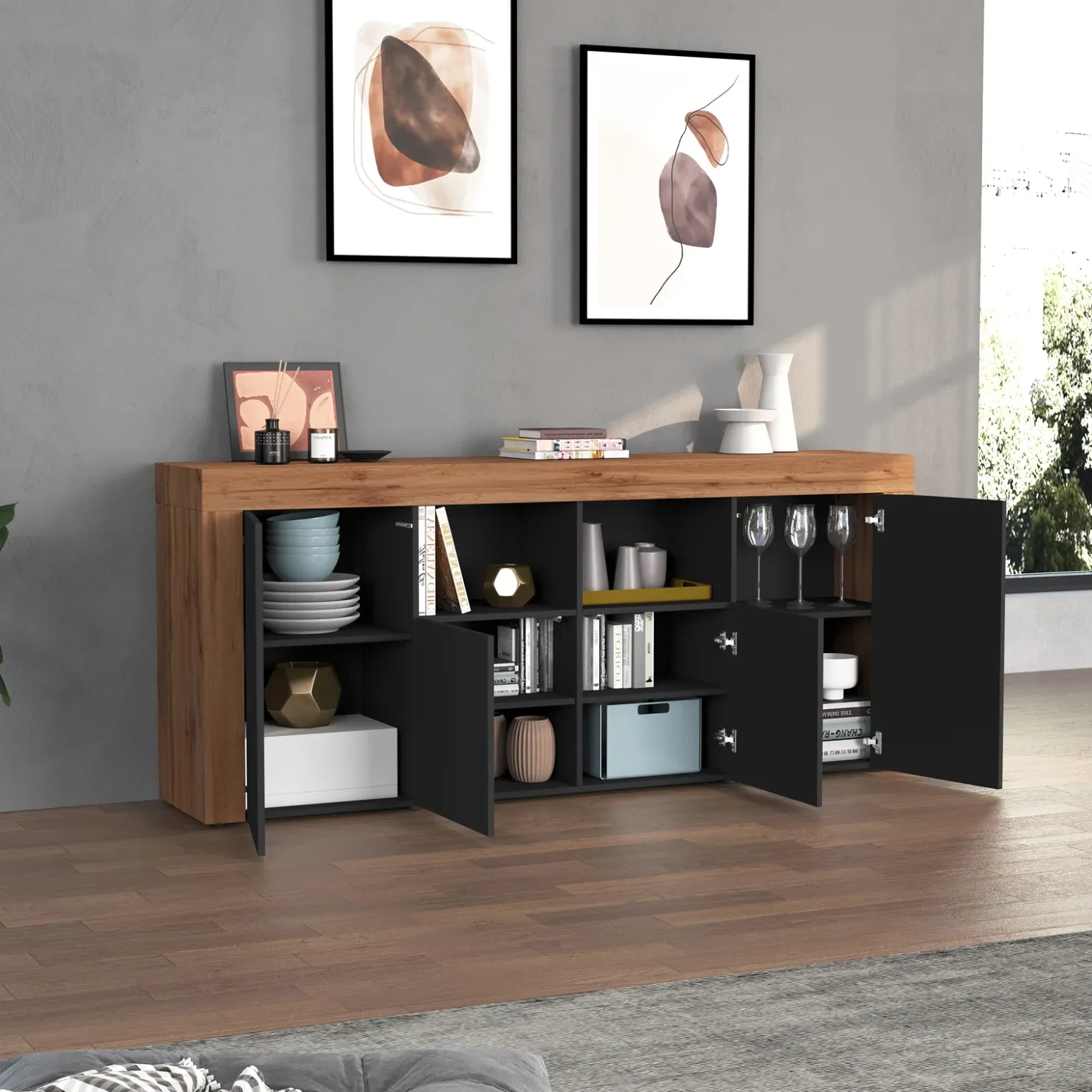 Garnero Arredamenti Madia moderna 200x85h cm antracite rovere Block Antracite - Rovere New