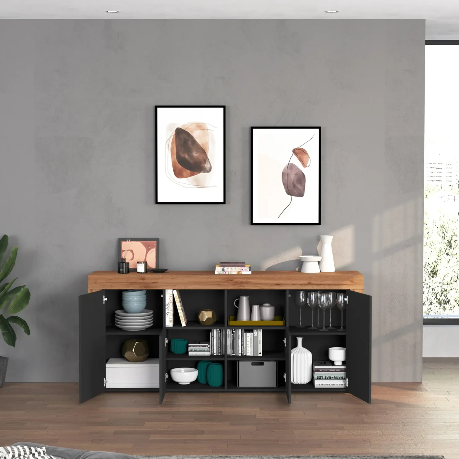 Garnero Arredamenti Madia moderna 200x85h cm antracite rovere Block Antracite - Rovere New