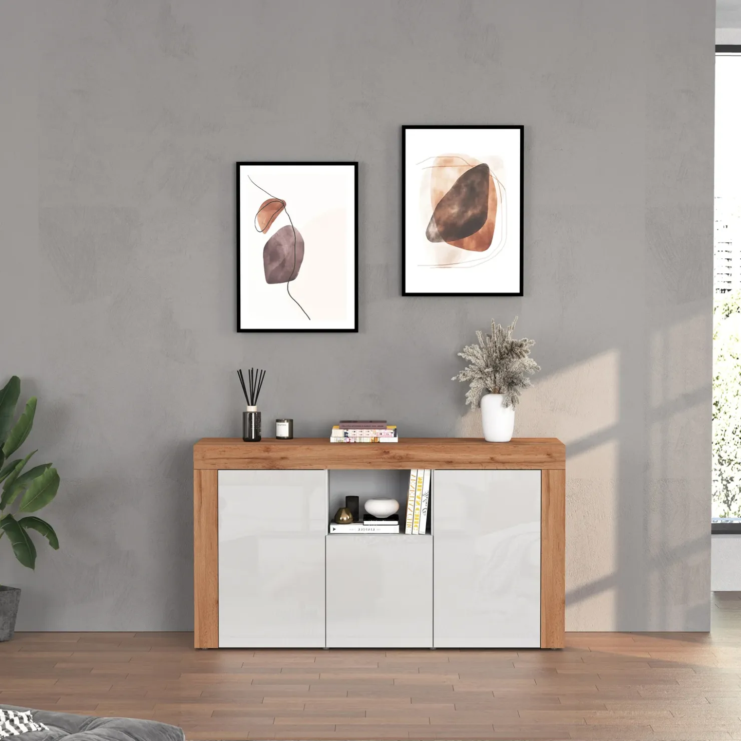 Garnero Arredamenti Madia moderna 155x85h cm bianco lucido rovere Block Bianco Lucido - Rovere Online