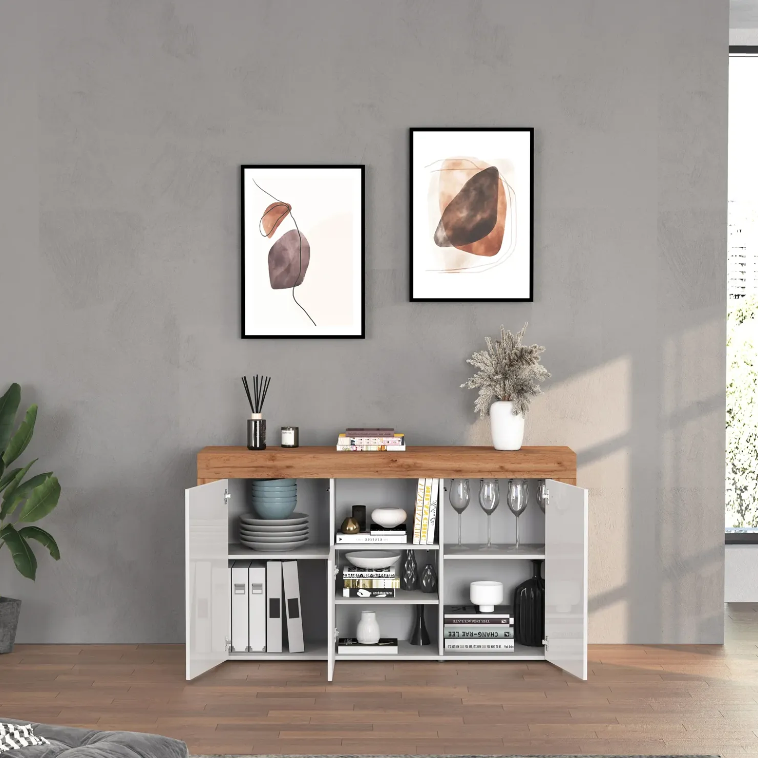 Garnero Arredamenti Madia moderna 155x85h cm bianco lucido rovere Block Bianco Lucido - Rovere Online