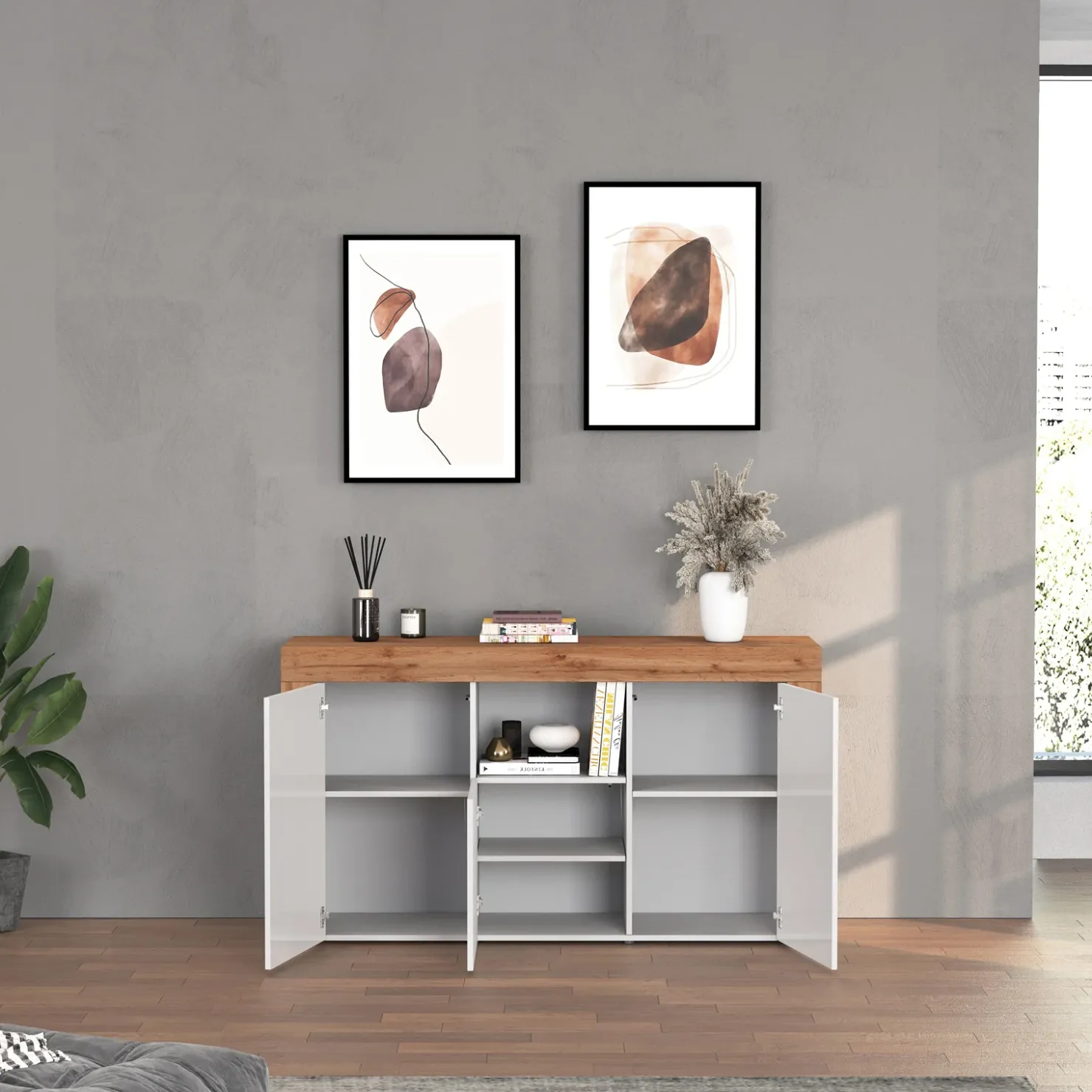 Garnero Arredamenti Madia moderna 155x85h cm bianco lucido rovere Block Bianco Lucido - Rovere Online