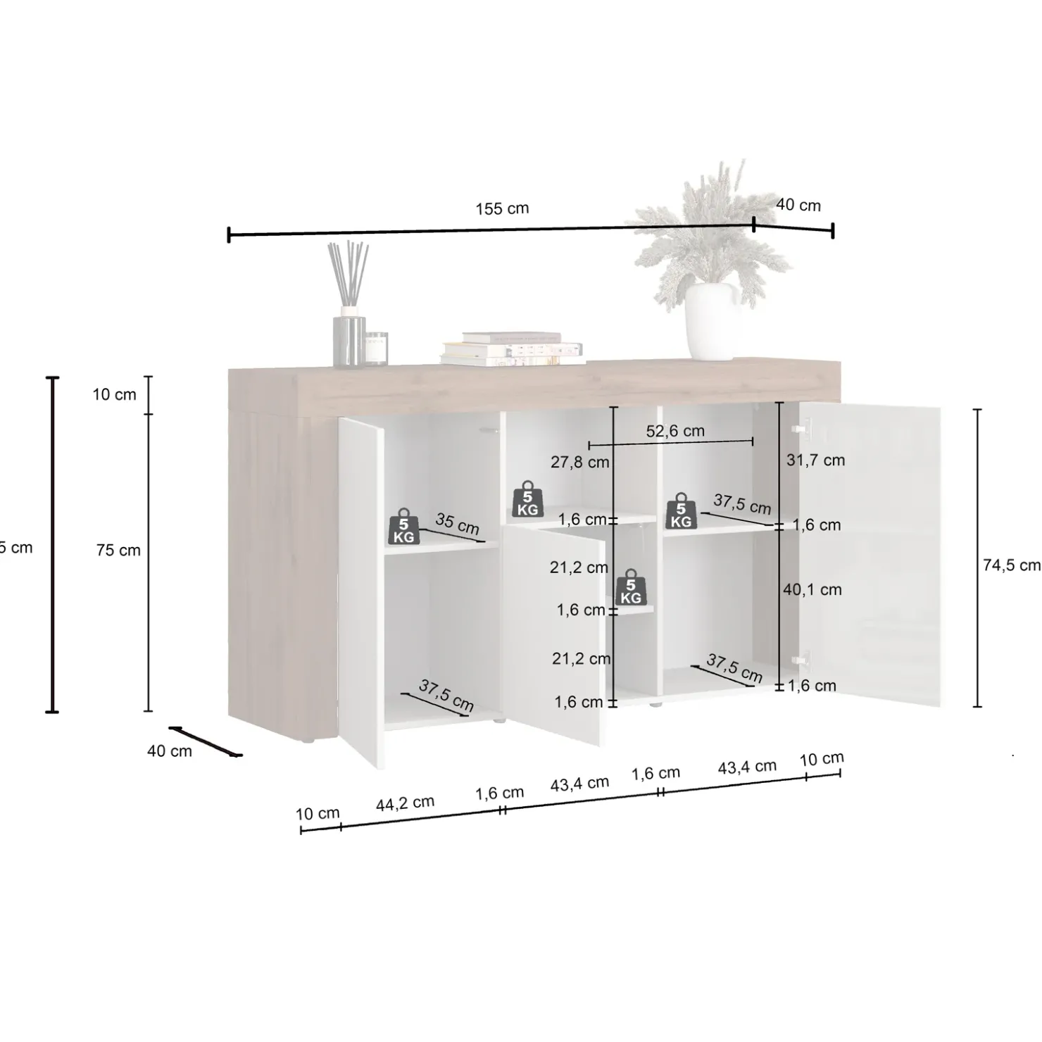 Garnero Arredamenti Madia moderna 155x85h cm bianco lucido rovere Block Bianco Lucido - Rovere Online