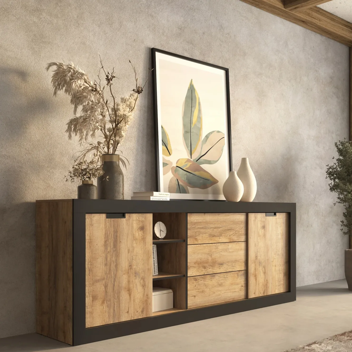 Garnero Arredamenti Madia 220x 85h cm 2 ante 3 cassetti rovere rustico nero Ilyssa