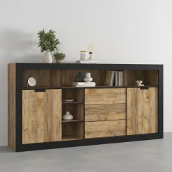 Garnero Arredamenti Madia 220x110 h cm 2 ante 3 cassetti 6 vani a giorno rovere rustico nero Ilyssa Clearance