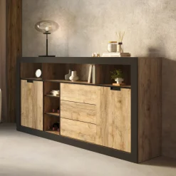 Garnero Arredamenti Madia 220x110 h cm 2 ante 3 cassetti 6 vani a giorno rovere rustico nero Ilyssa Clearance