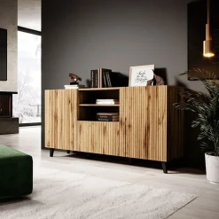 Garnero Arredamenti Madia 151x83cm 3 ante moderna industrial cannettato Essence Quercia