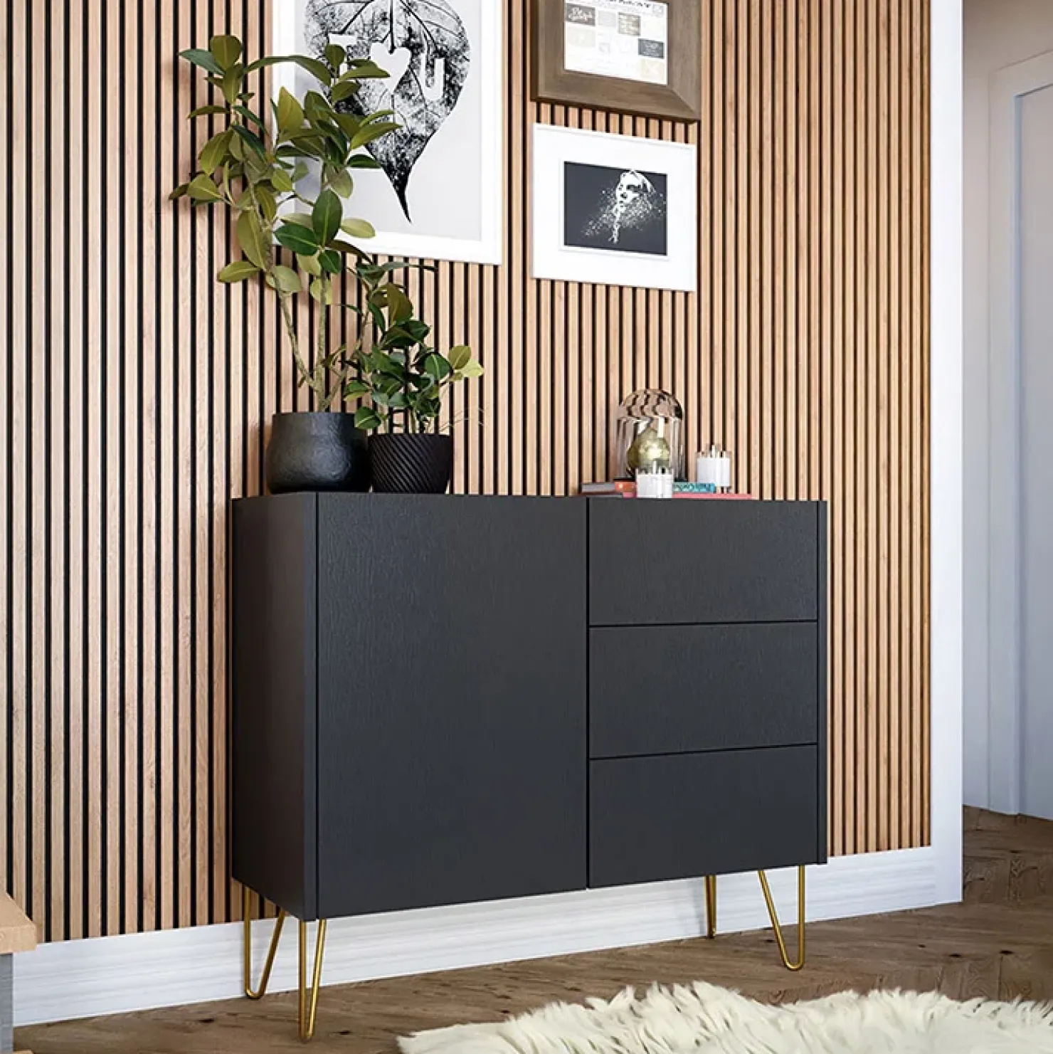 Garnero Arredamenti Madia 97x83h cm 1 anta 3 cassetti moderna grafite marmo nero Visby Outlet