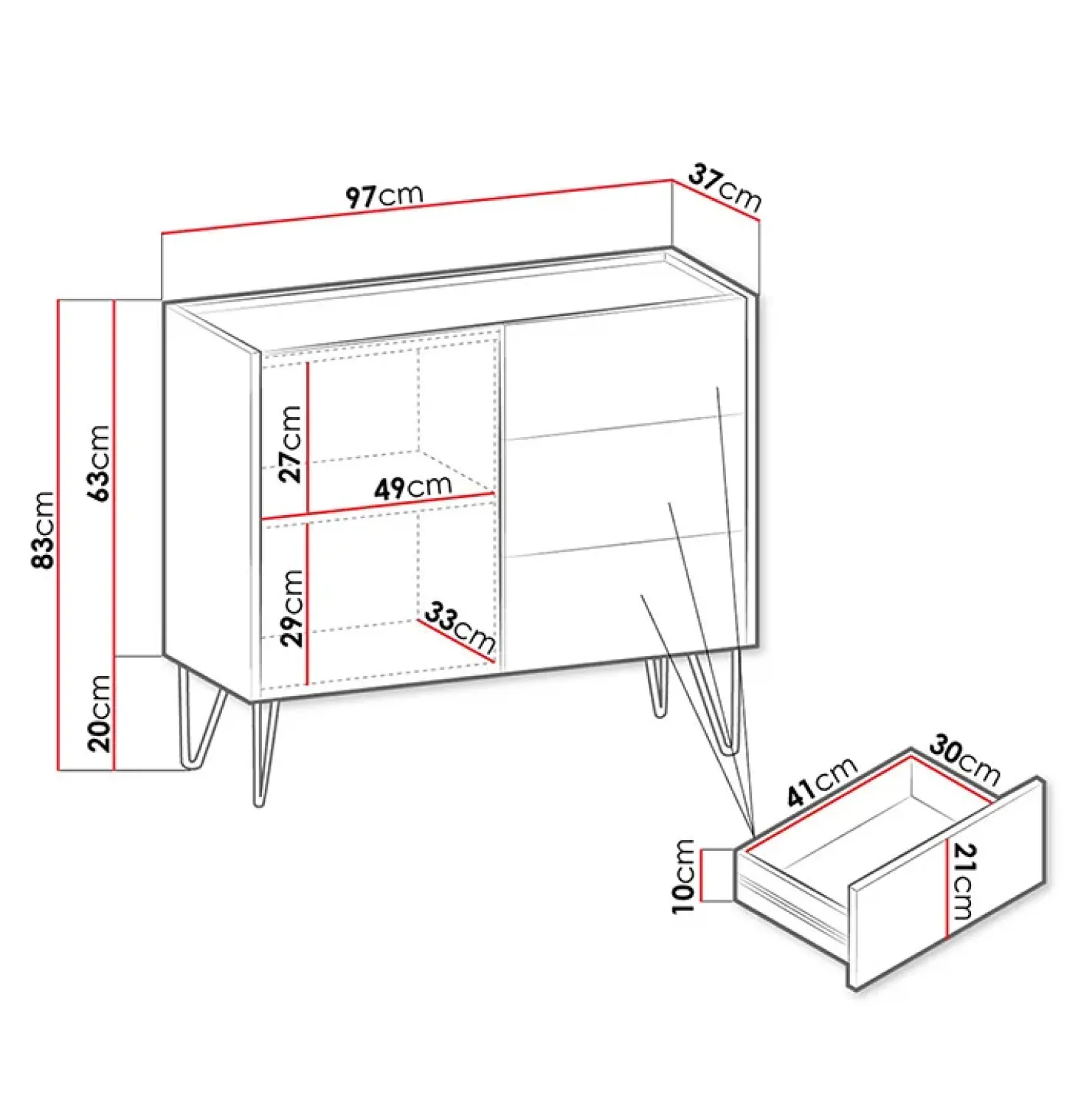 Garnero Arredamenti Madia 97x83h cm 1 anta 3 cassetti moderna grafite marmo nero Visby Outlet