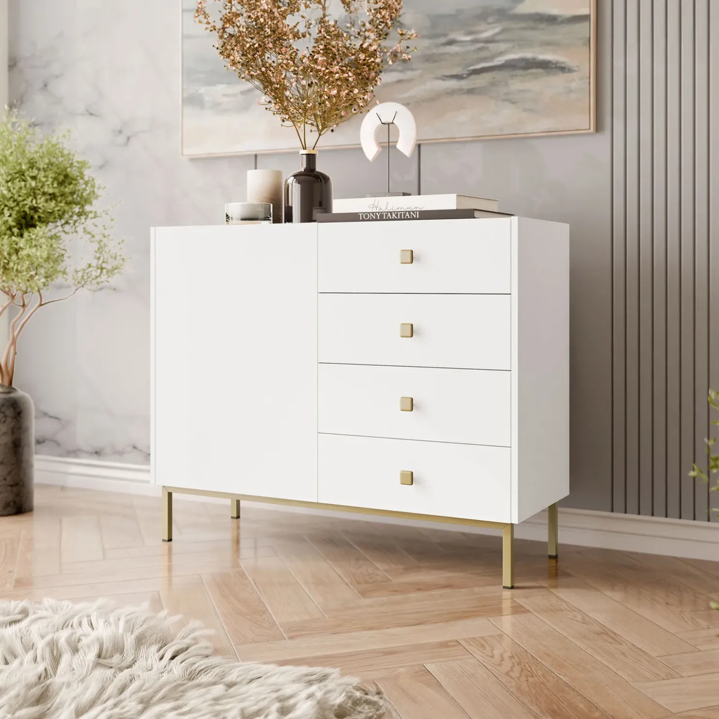 Garnero Arredamenti Madia 100x85h cm 1 anta 4 cassetti moderna Giuggiola Bianco Opaco Online