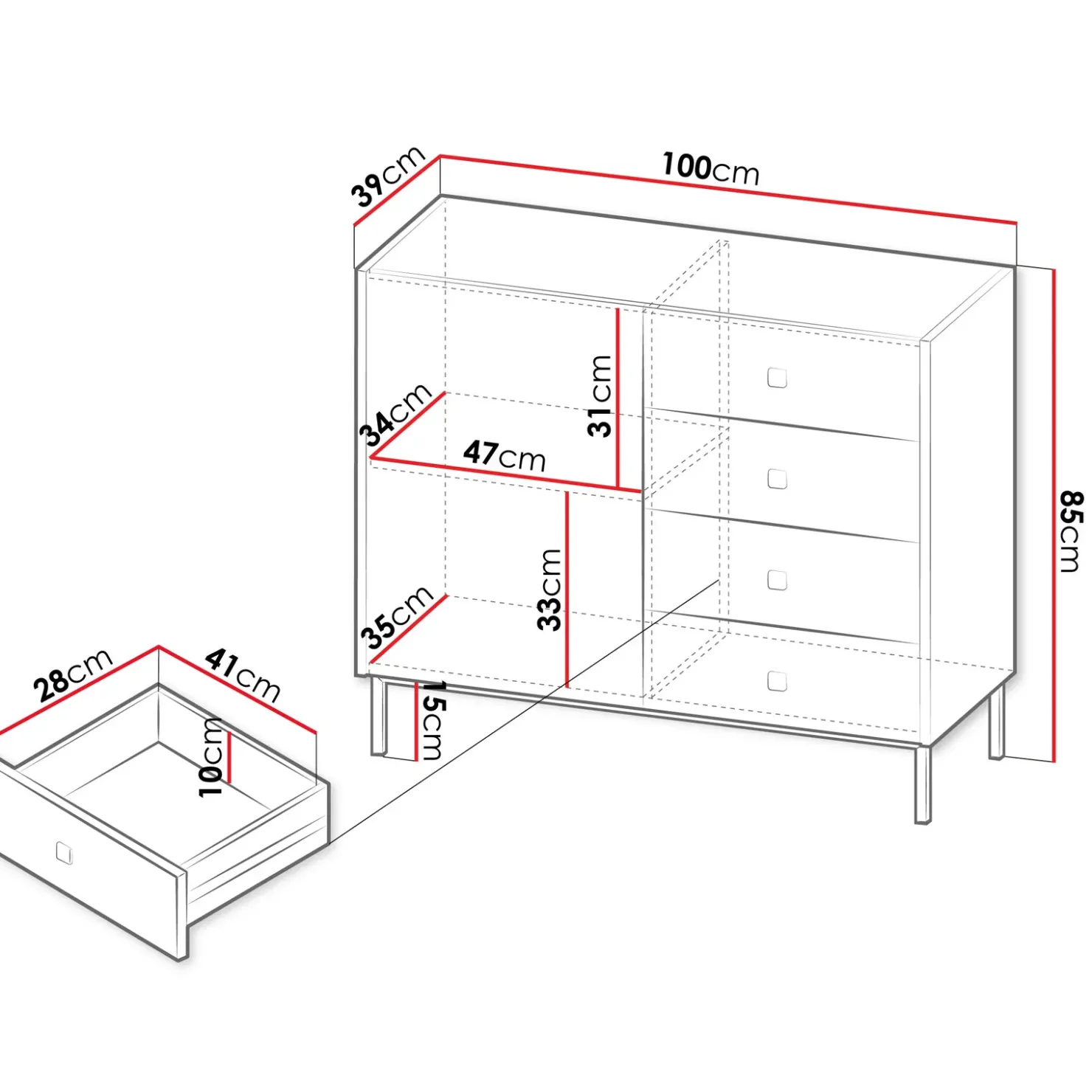 Garnero Arredamenti Madia 100x85h cm 1 anta 4 cassetti moderna Giuggiola Bianco Opaco Online