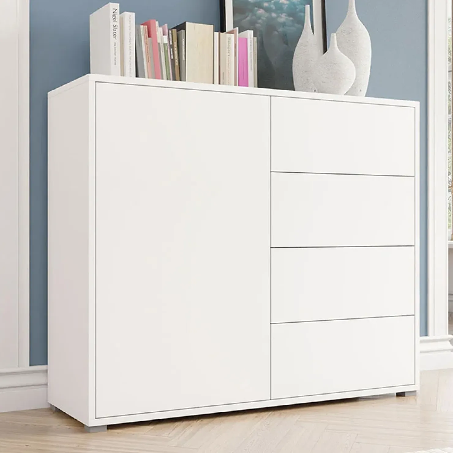 Garnero Arredamenti Madia 100x93h cm 1 anta 4 cassetti moderna bianco Eindhoven Clearance