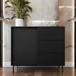 Garnero Arredamenti Madia 103x90h cm 1 anta 3 cassetti design cannettato nero Strike Nero Opaco