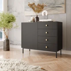 Garnero Arredamenti Madia 100x85h cm 1 anta 4 cassetti moderna Giuggiola Nero Opaco New