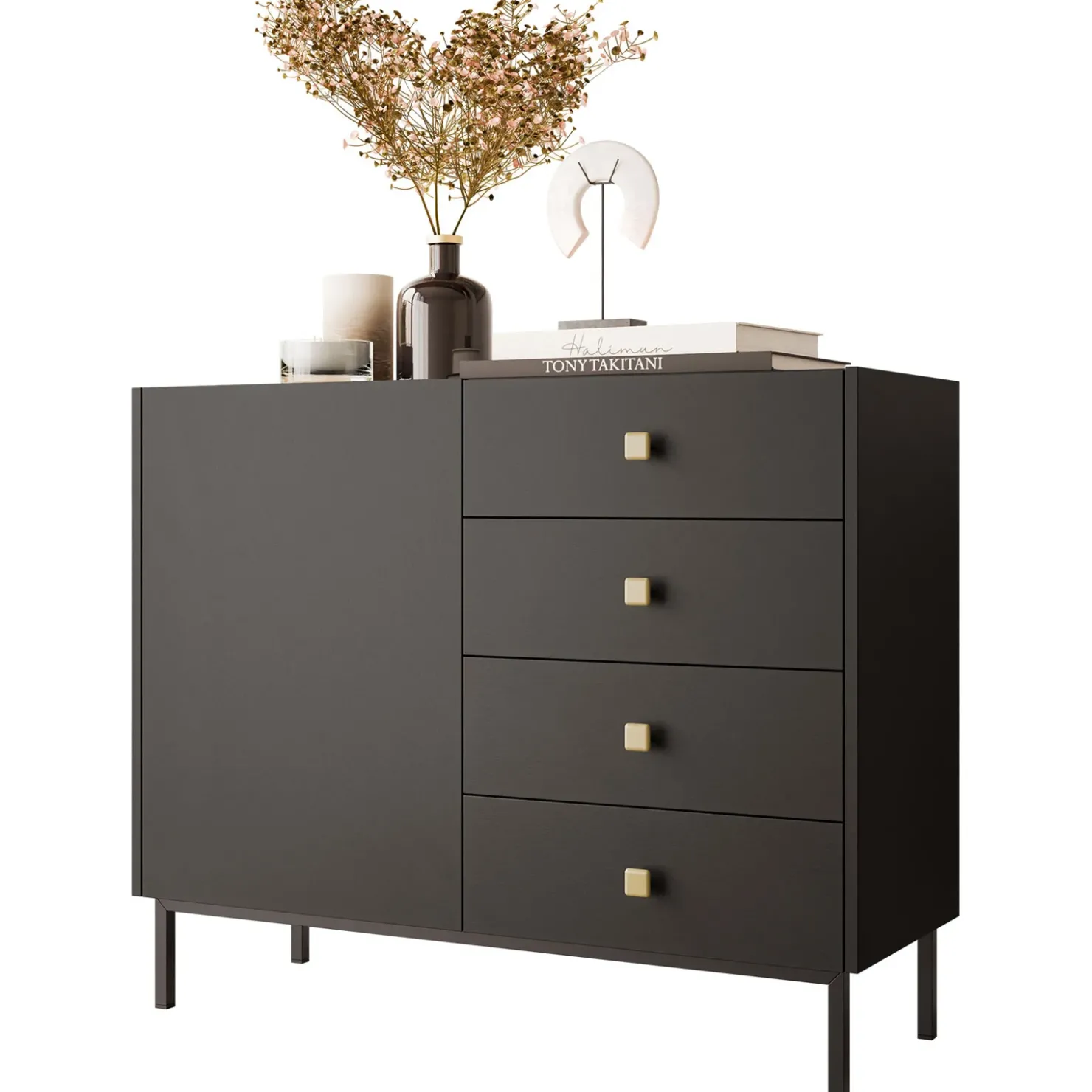 Garnero Arredamenti Madia 100x85h cm 1 anta 4 cassetti moderna Giuggiola Nero Opaco New