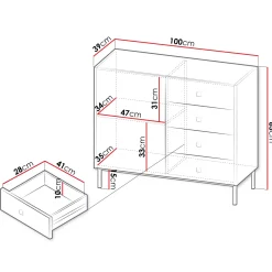 Garnero Arredamenti Madia 100x85h cm 1 anta 4 cassetti moderna Giuggiola Nero Opaco New