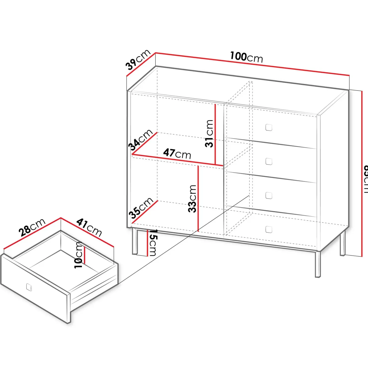 Garnero Arredamenti Madia 100x85h cm 1 anta 4 cassetti moderna Giuggiola Nero Opaco New