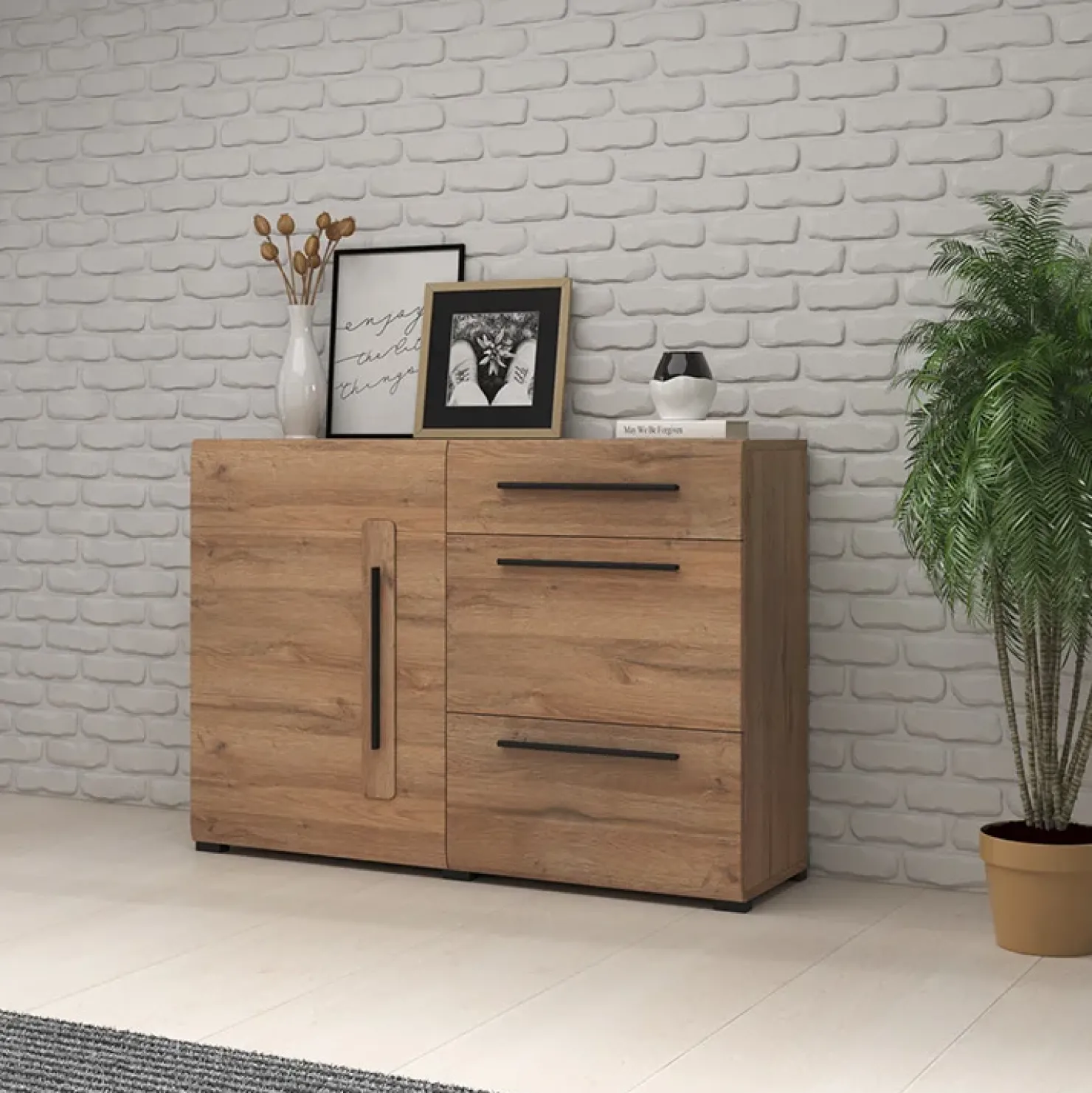 Garnero Arredamenti Madia 120x86h cm 1 anta 3 cassetti soggiorno rovere nero Maiorca Discount