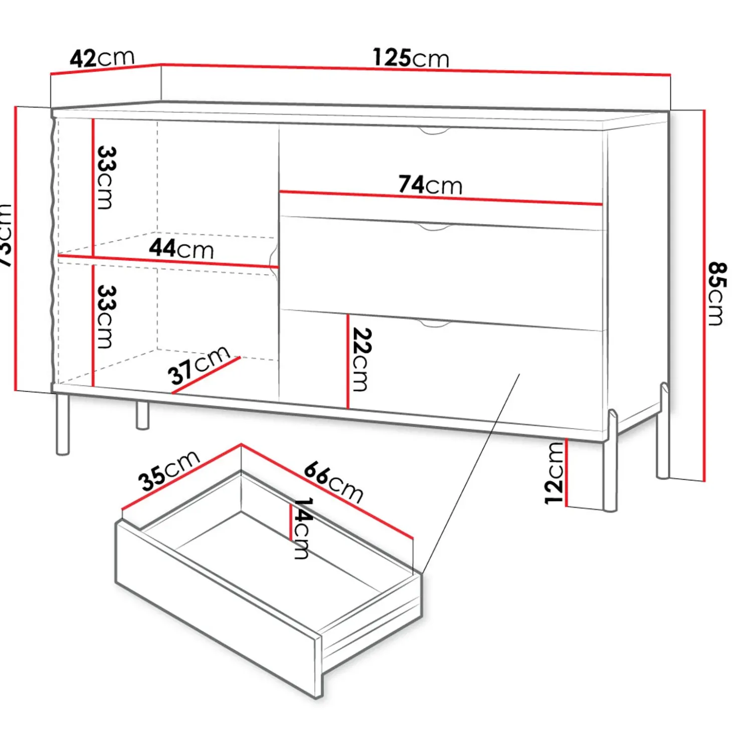 Garnero Arredamenti Madia 125x85h cm 1 anta 3 cassetti con frontali decorati bianco Amsterdam Discount