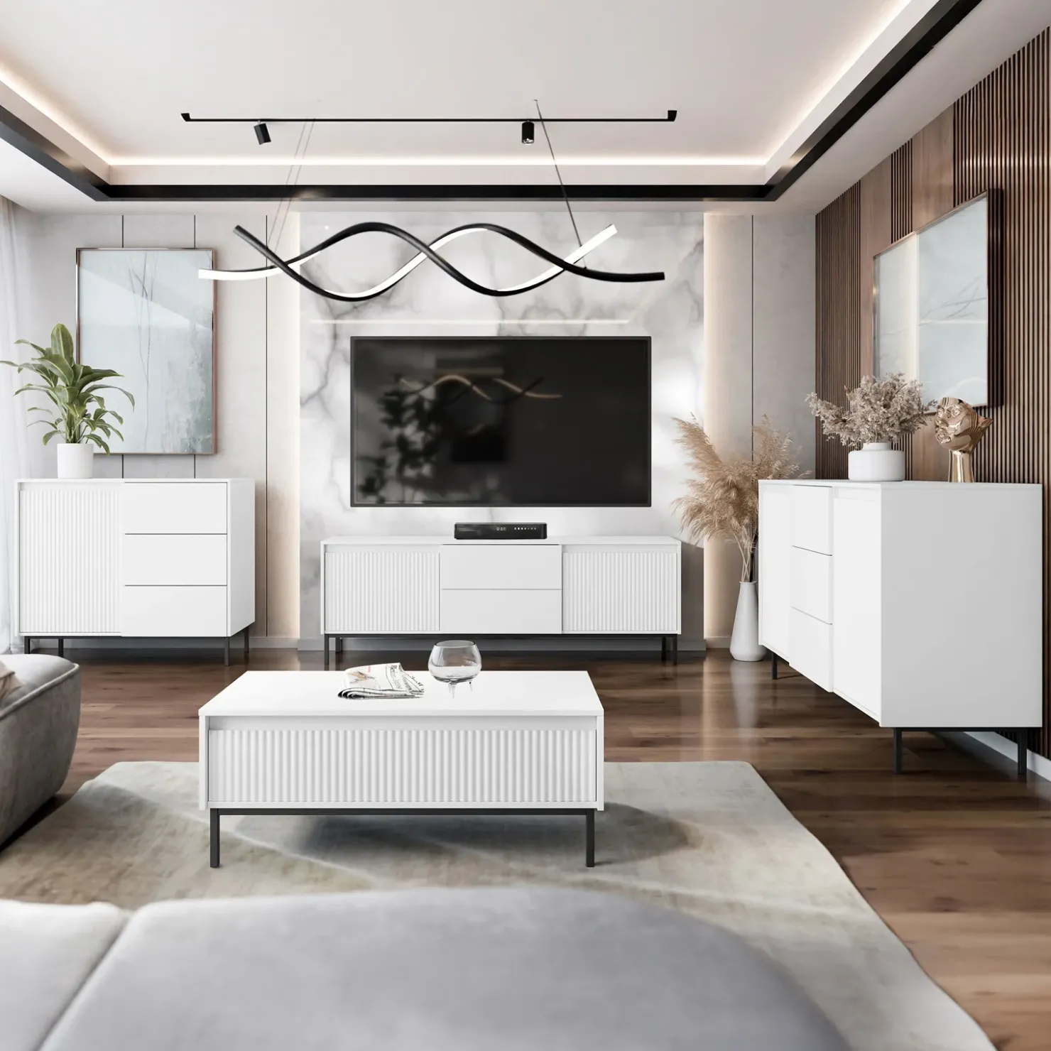 Garnero Arredamenti Madia 103x90h cm 1 anta 3 cassetti design cannettato bianco Strike Bianco Opaco Hot