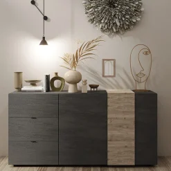 Garnero Arredamenti Madia 181x86h cm 2 ante 3 cassetti moderna titanio rovere Universal Antracite - Rovere New