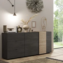 Garnero Arredamenti Madia 181x86h cm 2 ante 3 cassetti moderna titanio rovere Universal Antracite - Rovere New