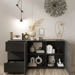 Garnero Arredamenti Madia 181x86h cm 2 ante 3 cassetti moderna titanio rovere Universal Antracite - Rovere New