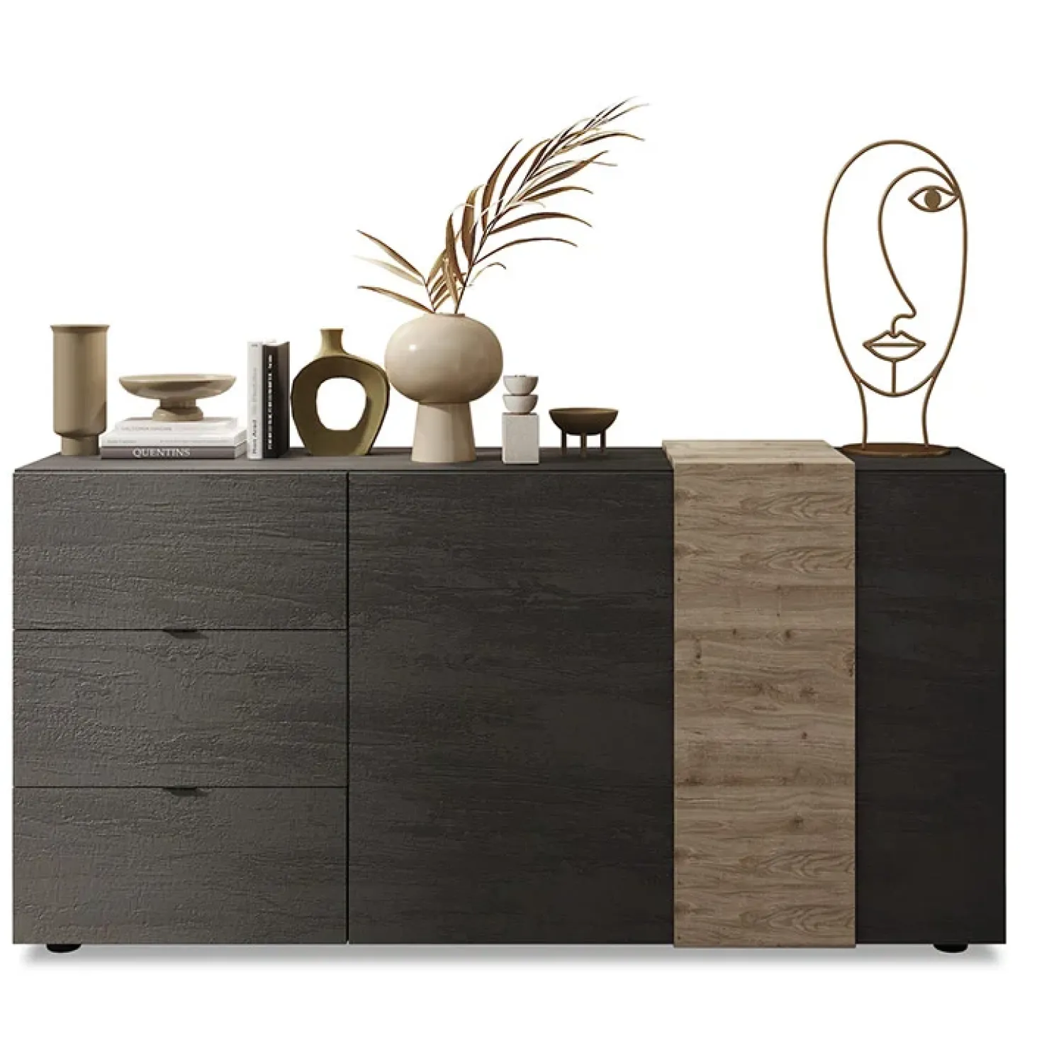 Garnero Arredamenti Madia 181x86h cm 2 ante 3 cassetti moderna titanio rovere Universal Antracite - Rovere New