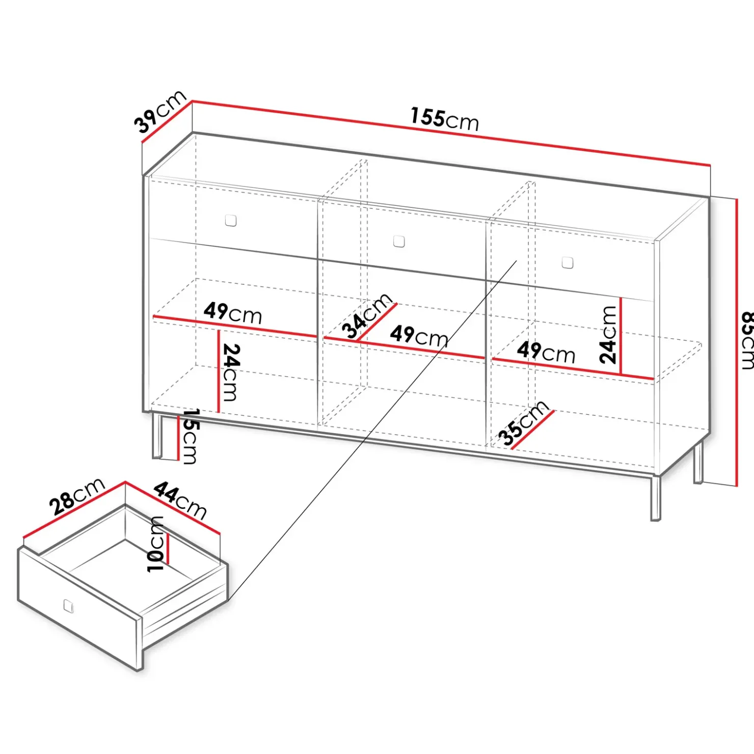 Garnero Arredamenti Madia 155x85h cm 3 ante 3 cassetti Giuggiola Nero Opaco