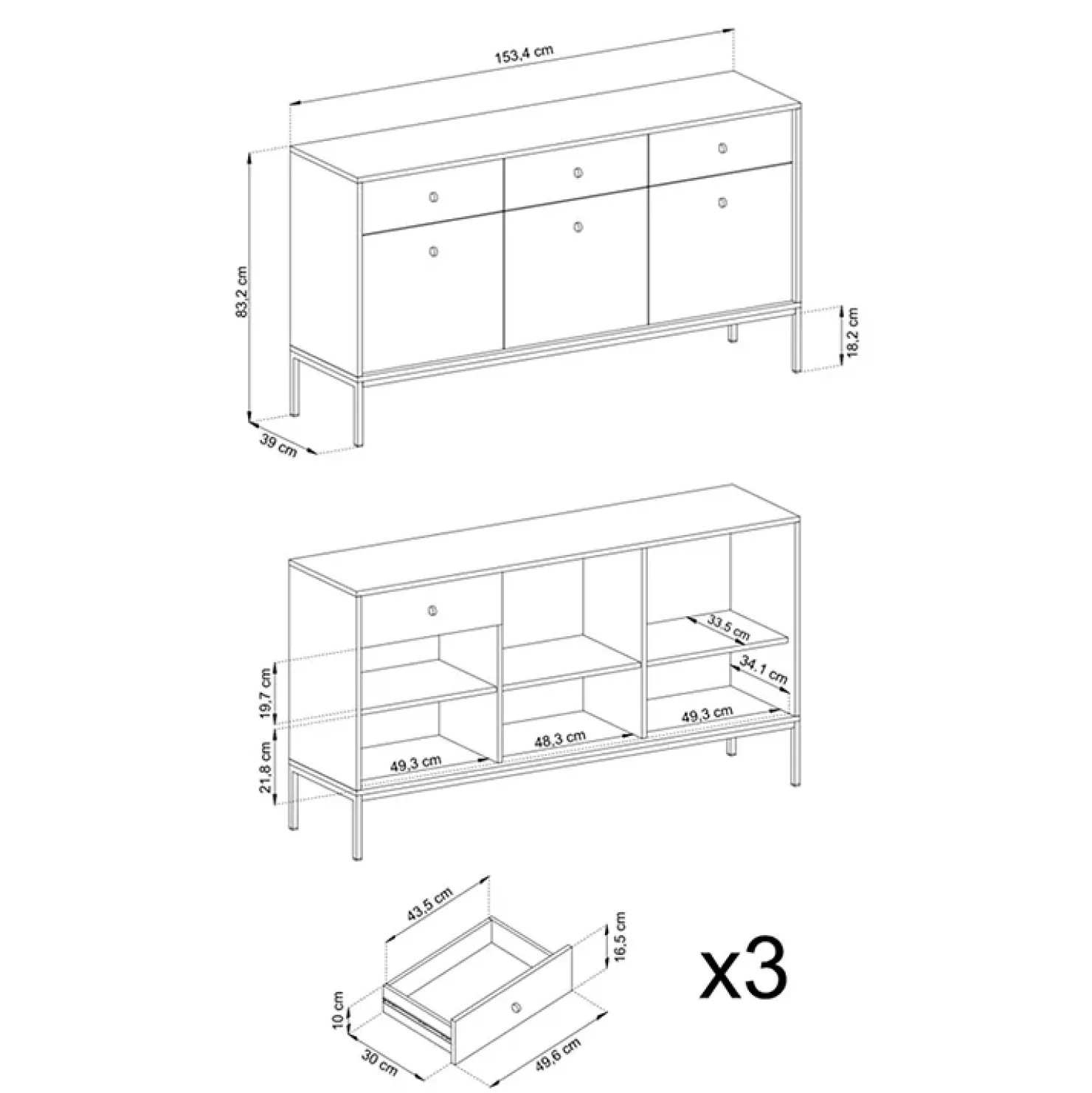 Garnero Arredamenti Madia 154x83h cm 3 ante 3 cassetti soggiorno Glory Beige Discount