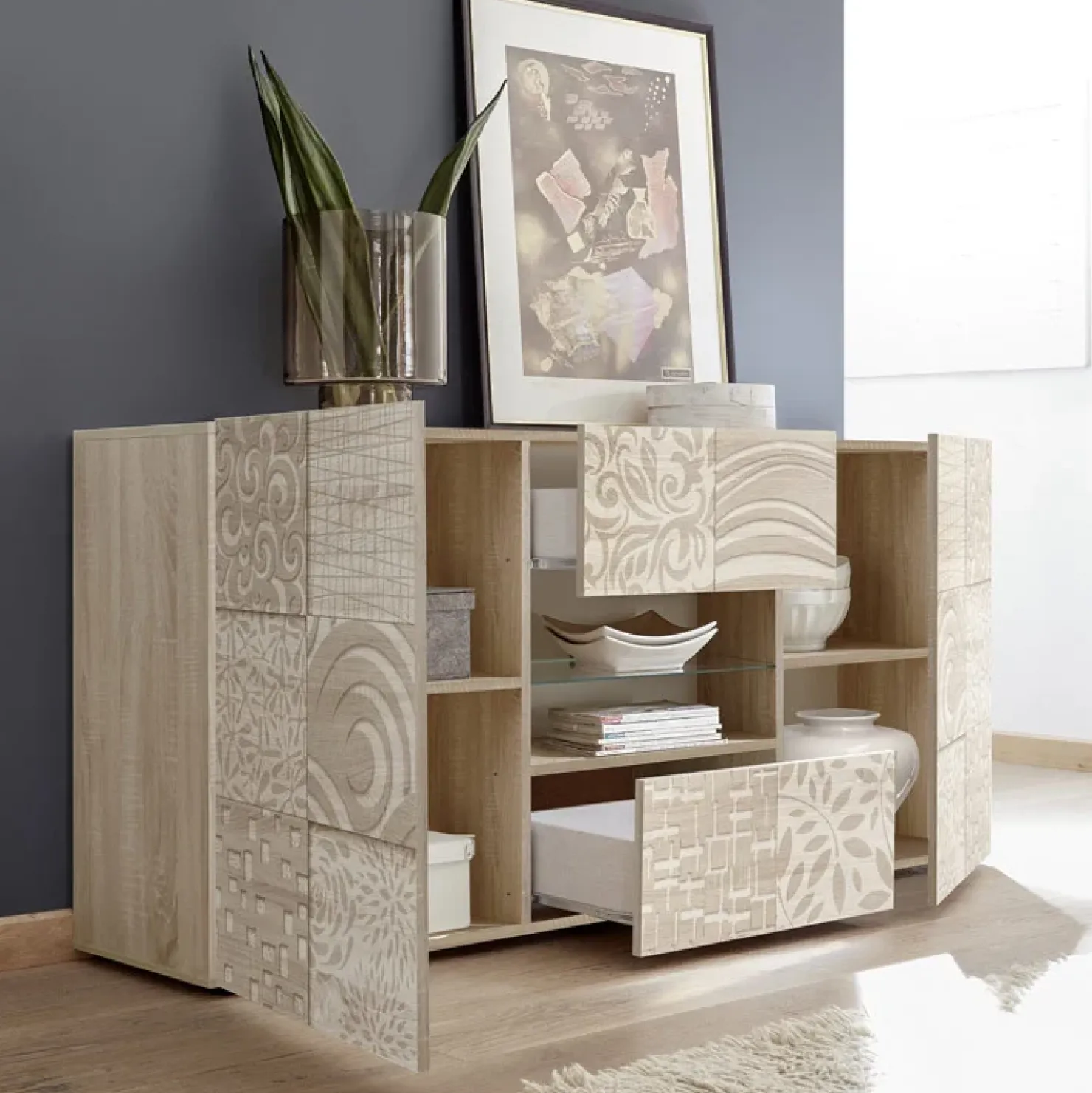 Garnero Arredamenti Madia 181x84h cm 2 ante 2 cassetti samoa con serigrafia Paradise Rovere Hot