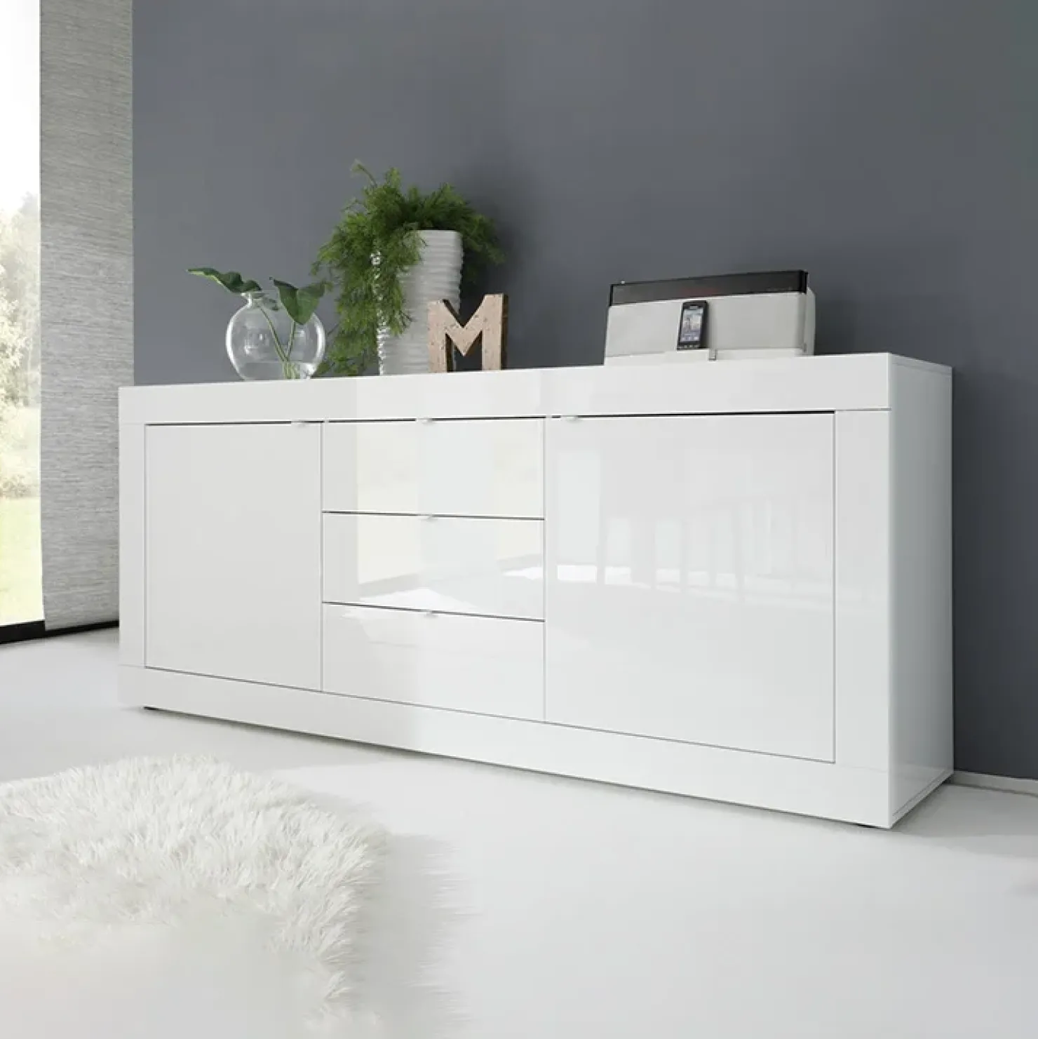 Garnero Arredamenti Madia 210x86h cm 2 ante 3 cassetti moderna Eternity Bianco Lucido Best