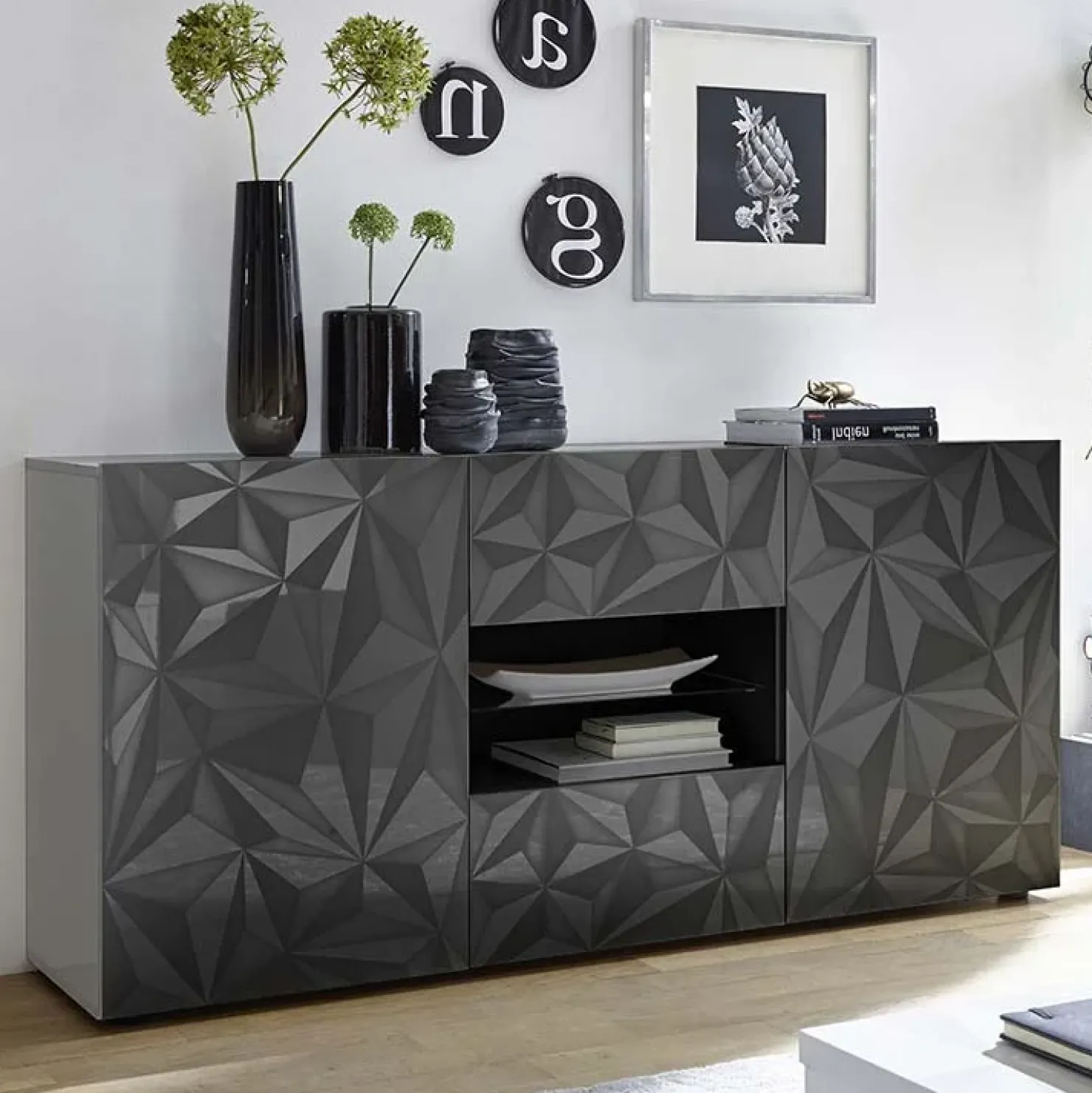 Garnero Arredamenti Madia 181x84h cm 2 ante 2 cassetti grigio lucido con serigrafia Marvis Antracite Clearance