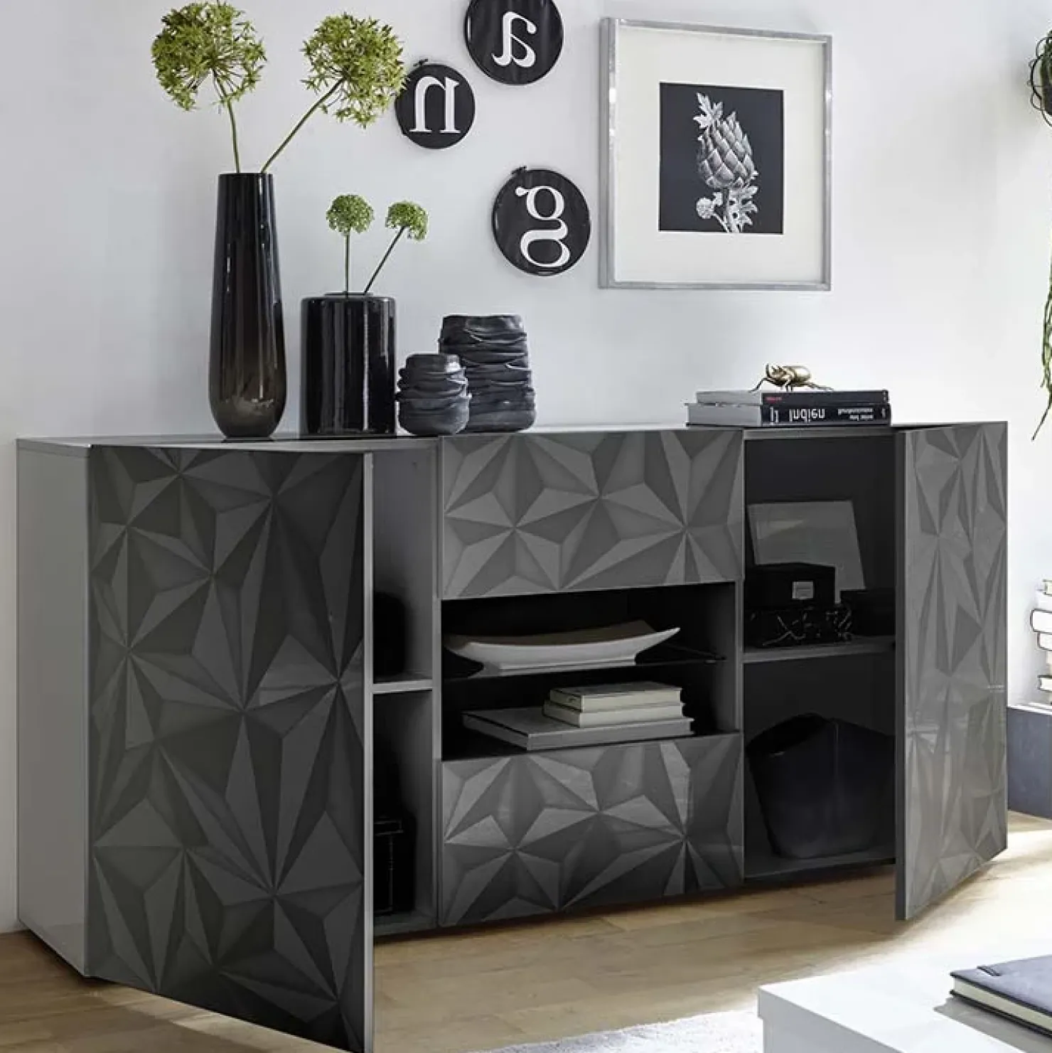 Garnero Arredamenti Madia 181x84h cm 2 ante 2 cassetti grigio lucido con serigrafia Marvis Antracite Clearance