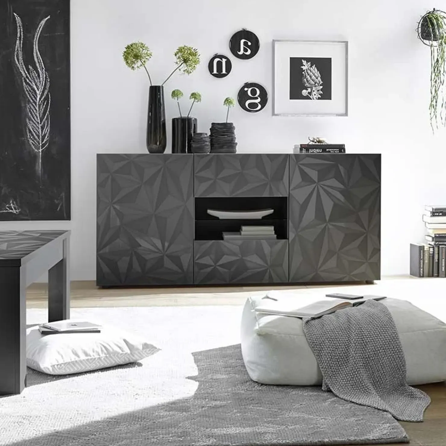 Garnero Arredamenti Madia 181x84h cm 2 ante 2 cassetti grigio lucido con serigrafia Marvis Antracite Clearance