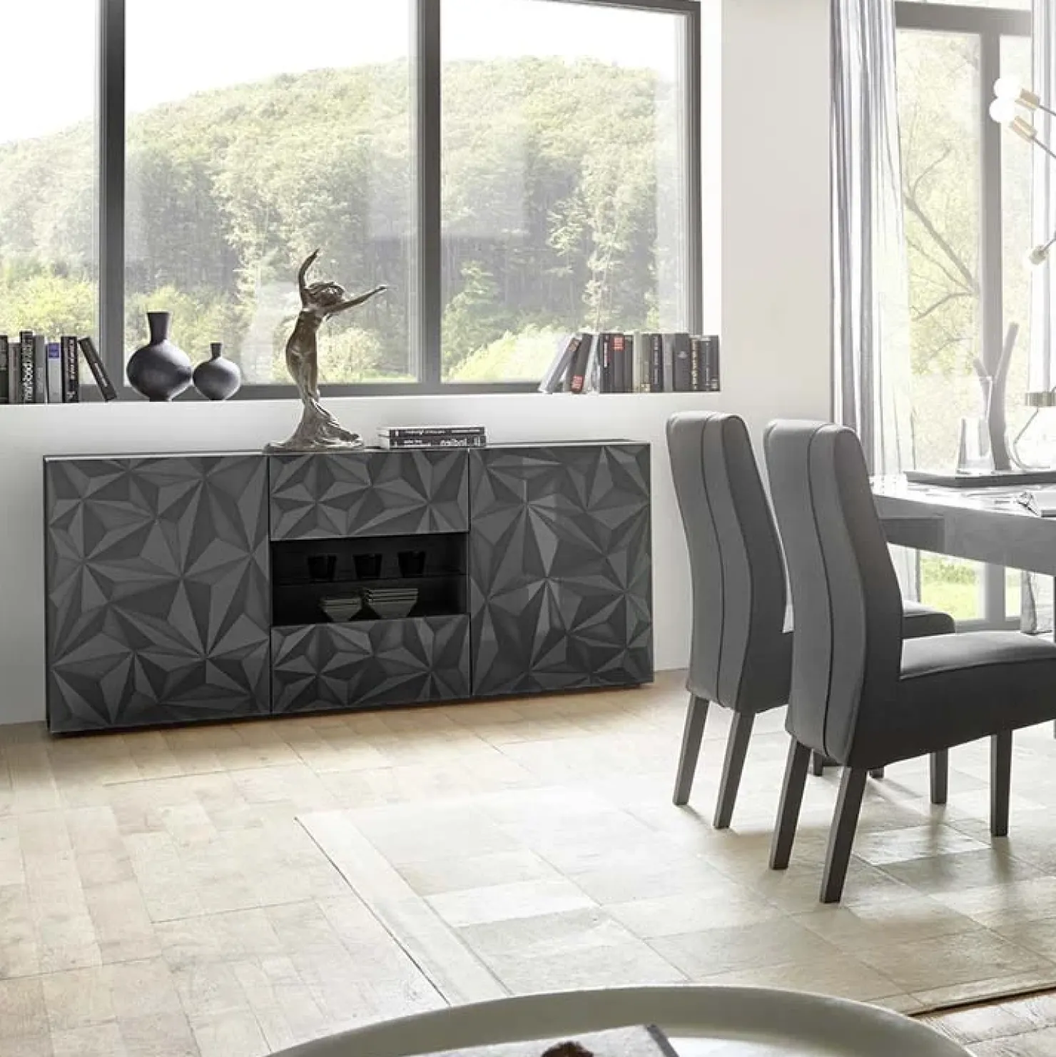 Garnero Arredamenti Madia 181x84h cm 2 ante 2 cassetti grigio lucido con serigrafia Marvis Antracite Clearance